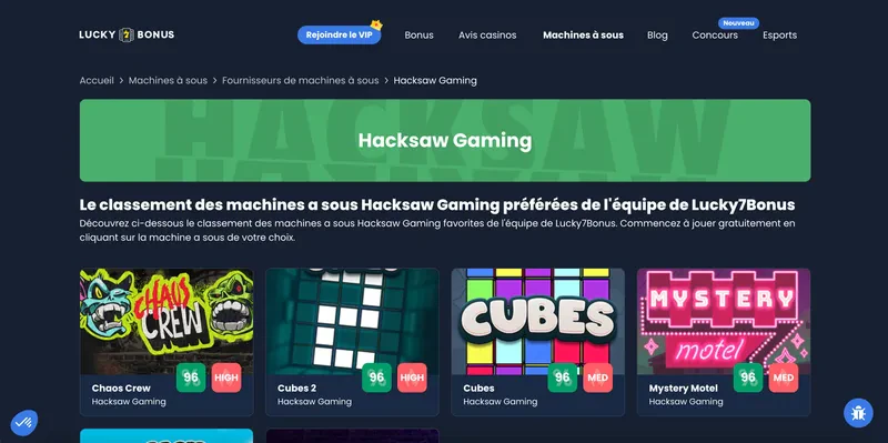 Toutes les machines a sous d’Hacksaw Gaming sont disponibles sur Lucky7Bonus gratuitement
