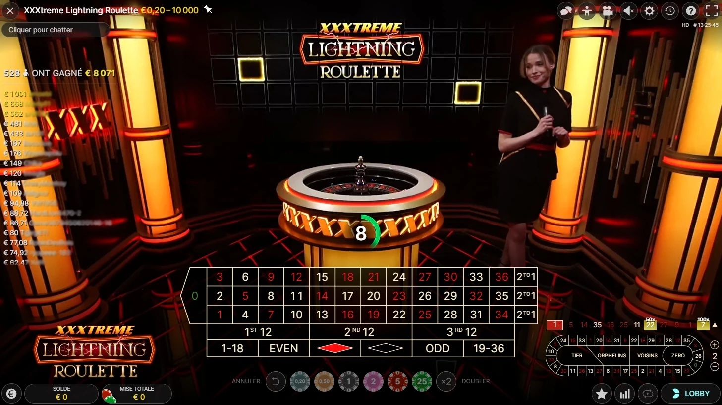 le menu du jeu live xxxtreme lightning roulette evolution gaming