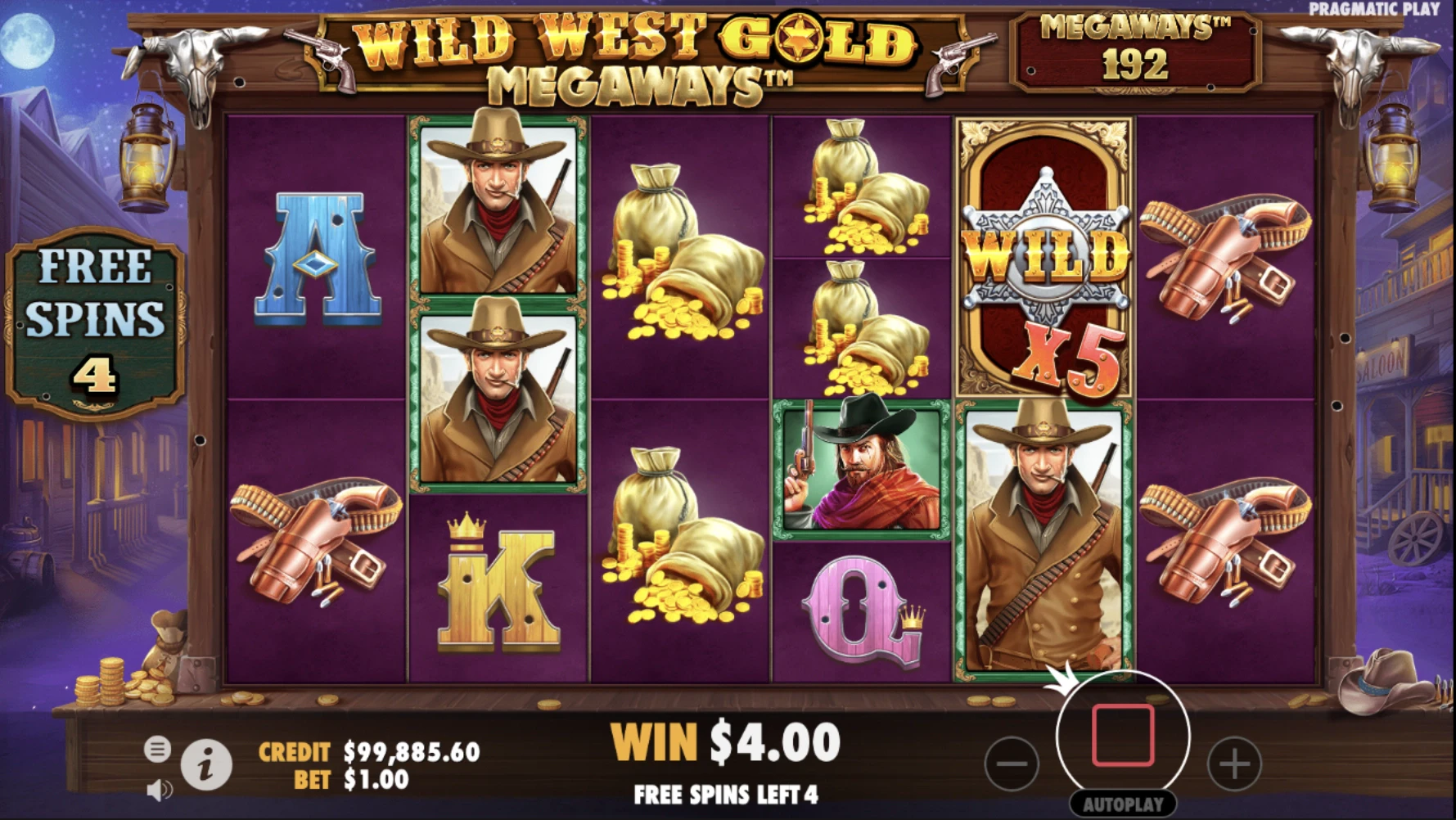 Fonctionnalité durant les parties gratuites sur la machine a sous Wild West Gold Megaways du provider Pragmatic Play