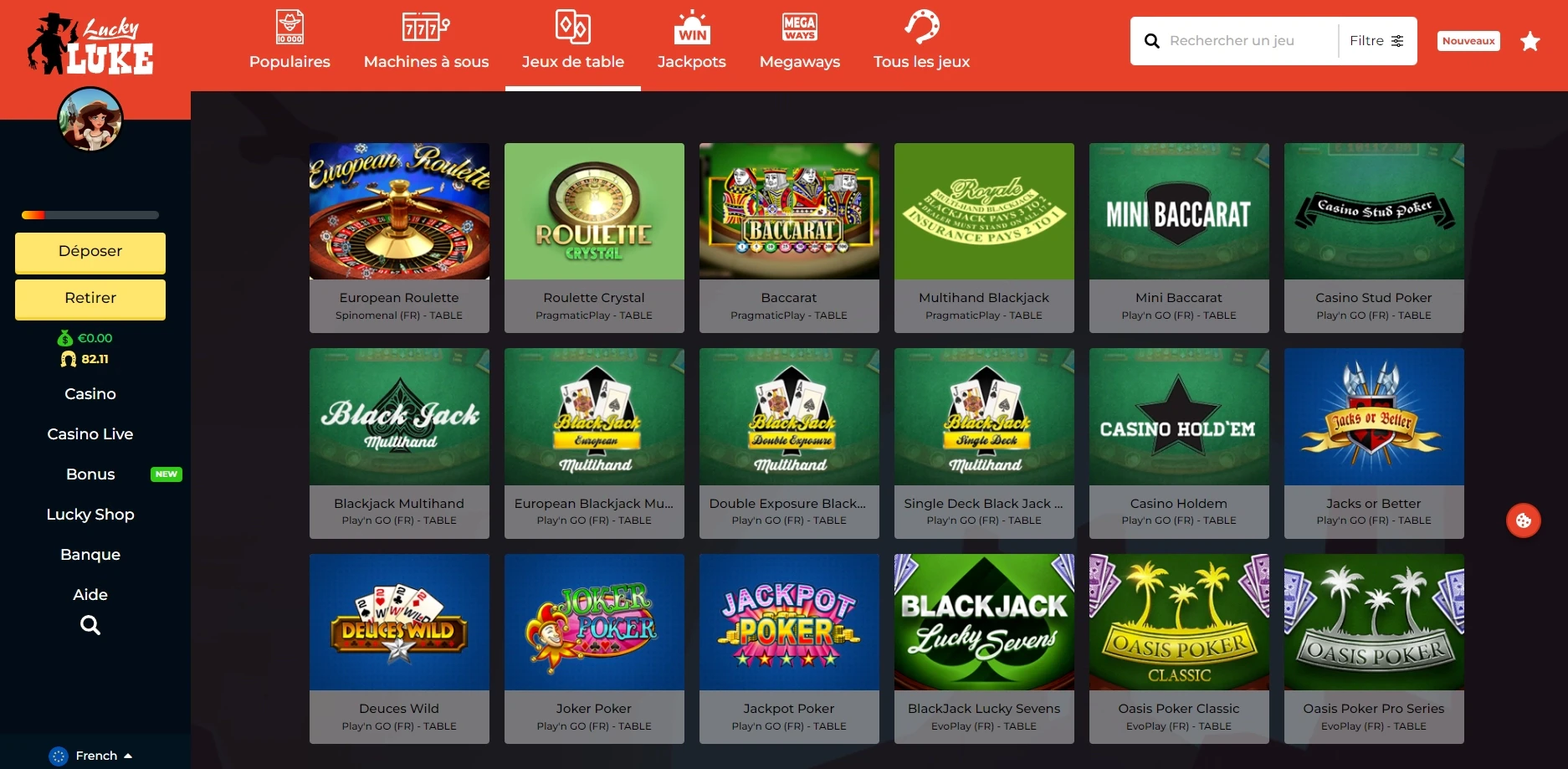 les jeux de table du casino en ligne lucky luke