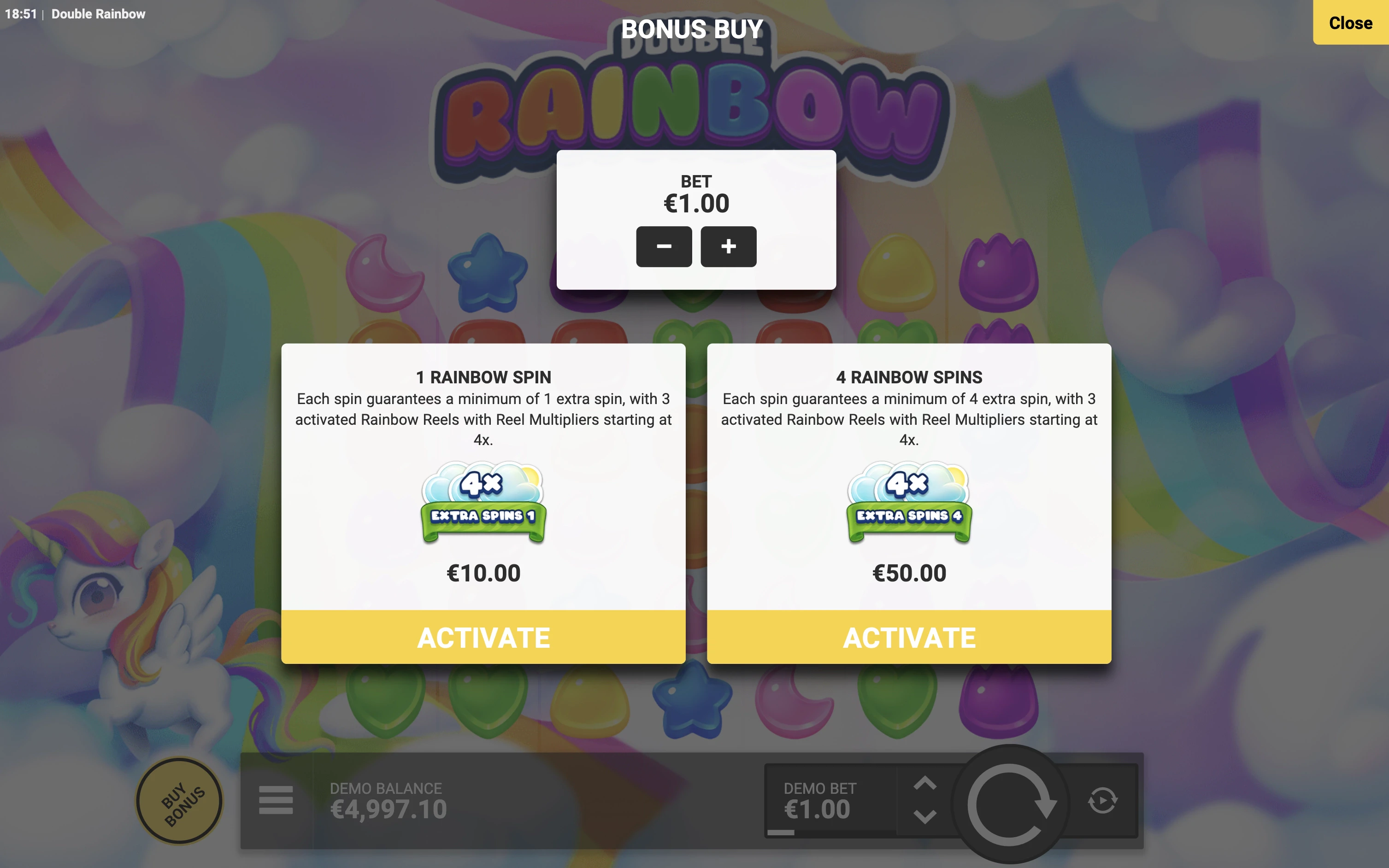 Il vous sera possible d’acheter les parties gratuites sur Double Rainbow d’Hacksaw Gaming