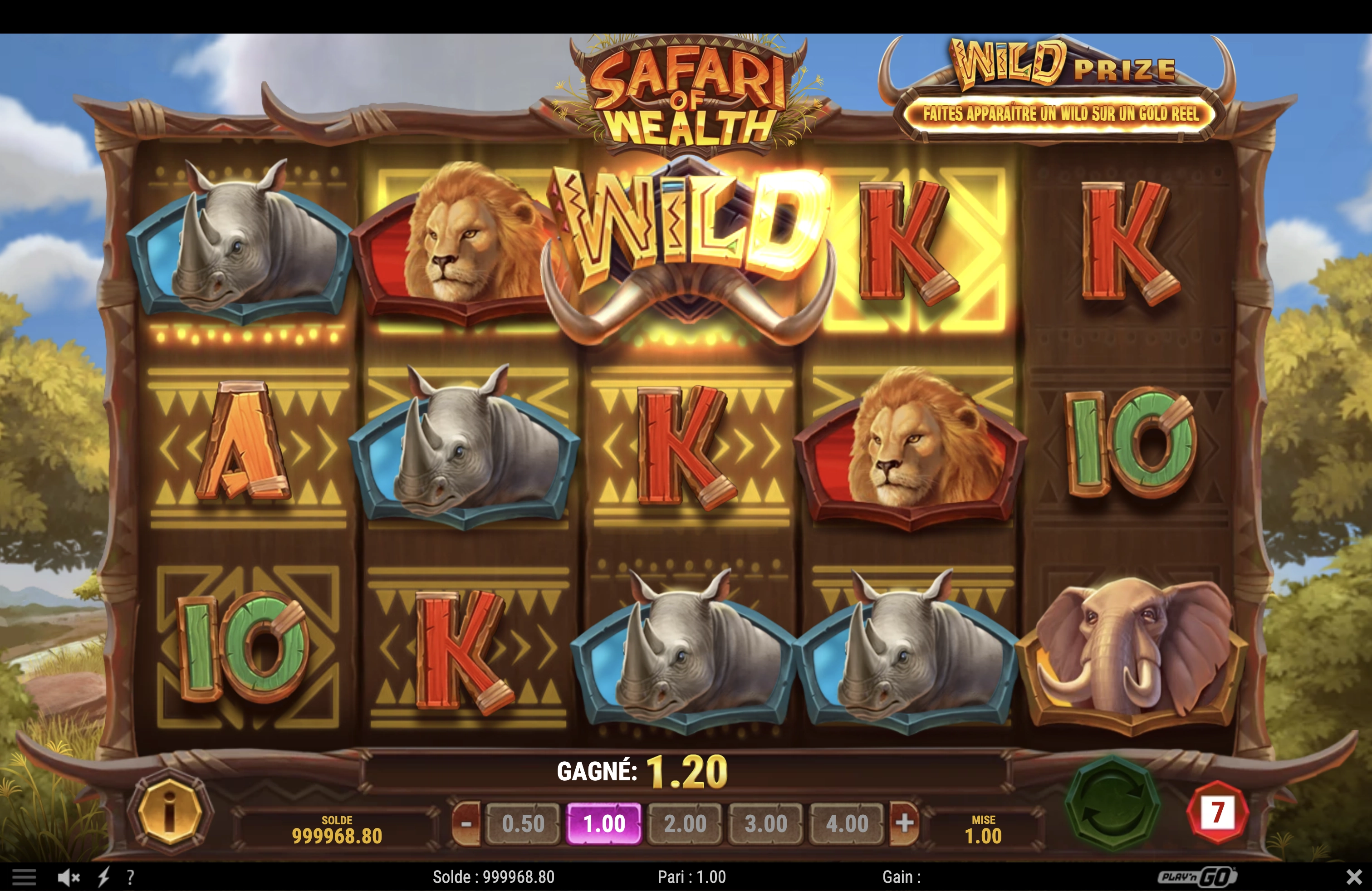 FonctionnalitÃ© jeu de base Wild Prize obtenue sur Safari Of Wealth