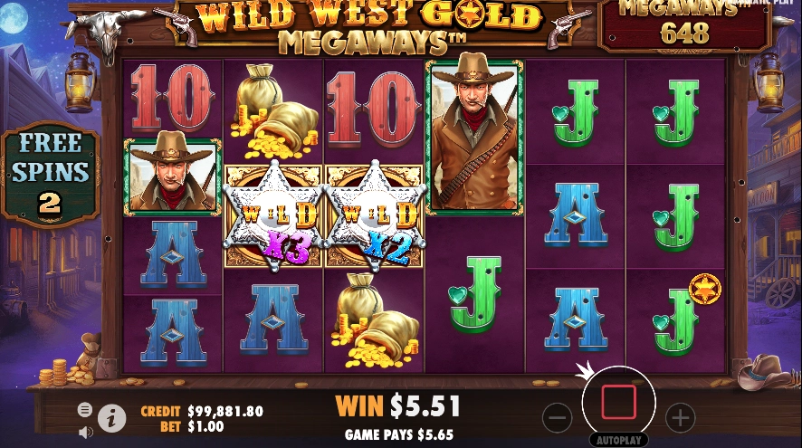 Symbole wild durant vos parties gratuites sur la machine a sous Wild West Gold Megaways de Pragmatic Play