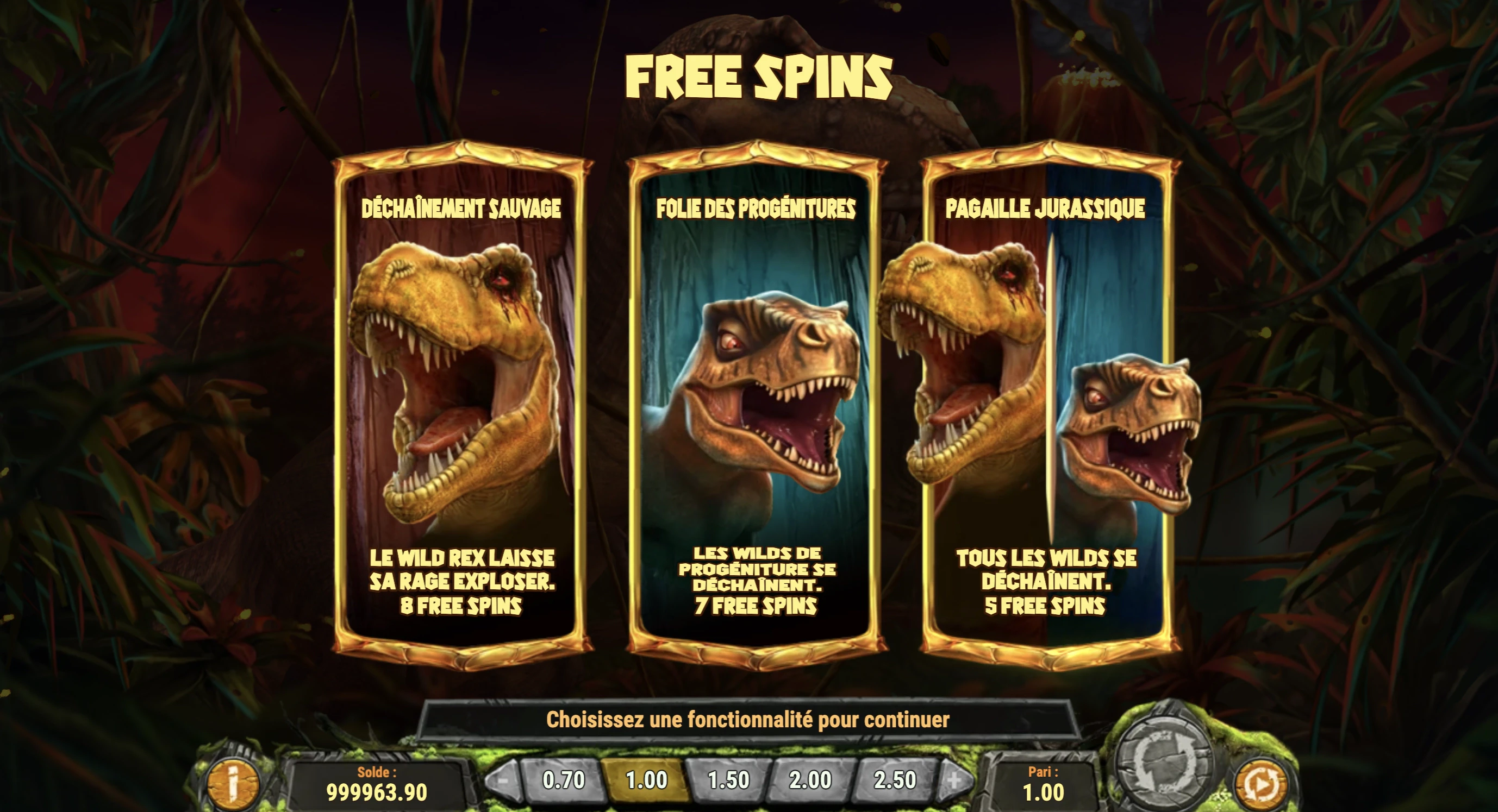 Choix des bonus disponibles sur la machine a sous Raging Rex 2 de Play’n GO