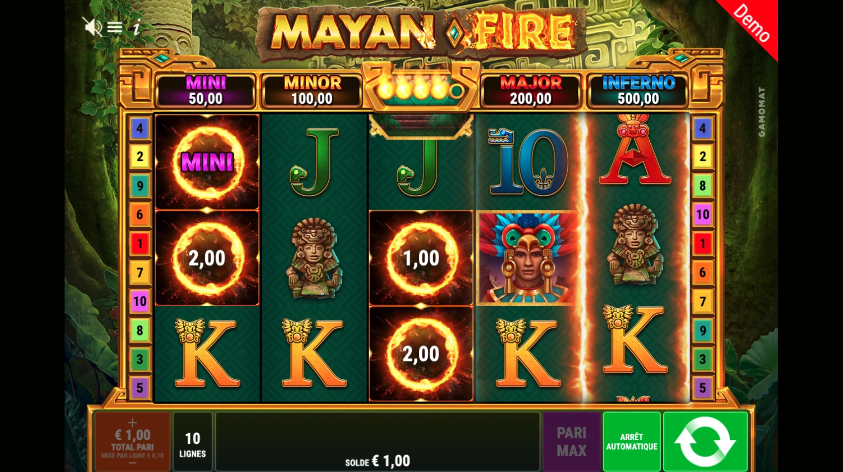 Fonctionnalité dans le jeu de base de la machine a sous Mayan Fire de Gamomat