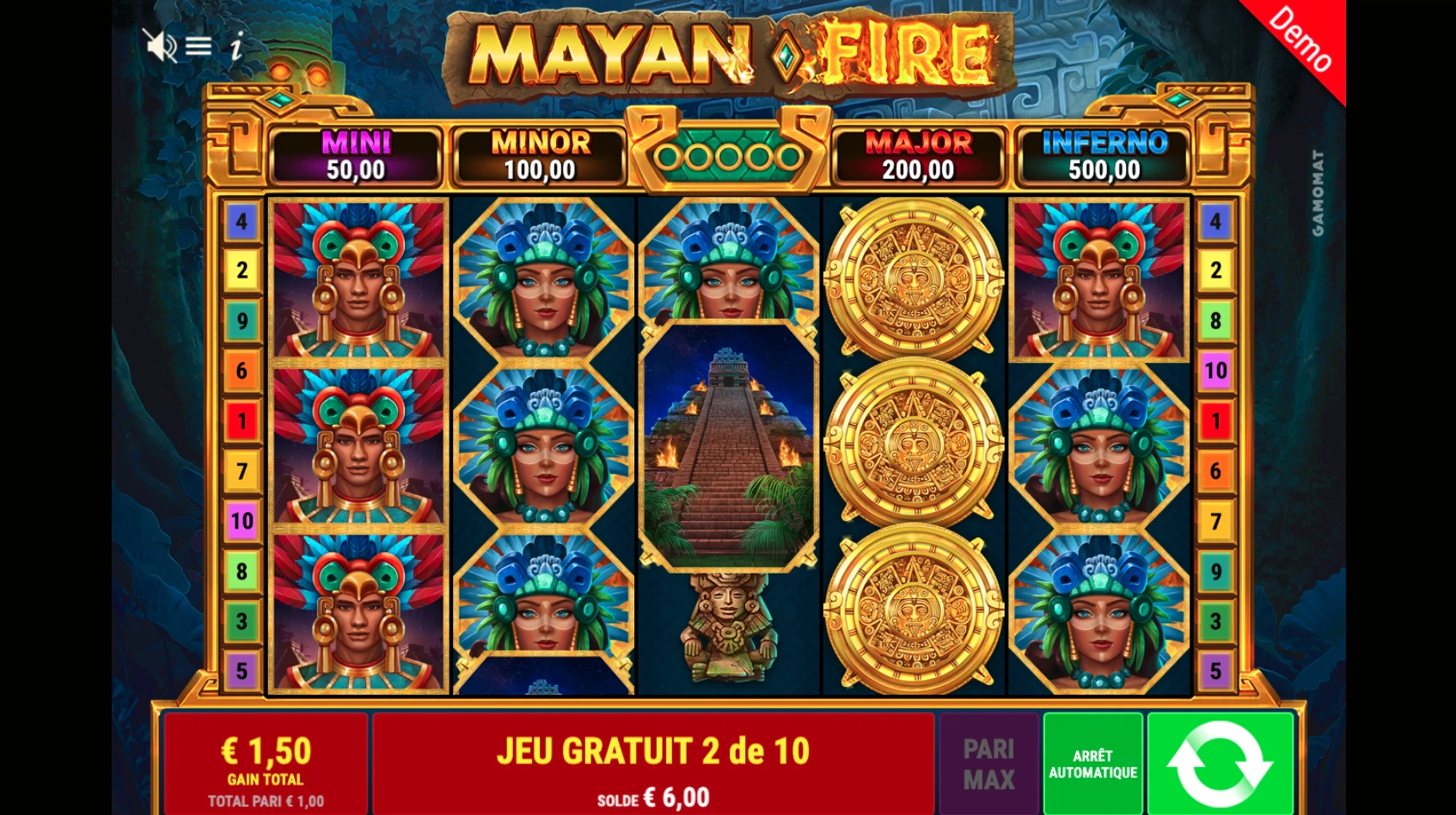 Fonctionnalité durant les parties gratuites sur la machine a sous Mayan Fire de Gamomat