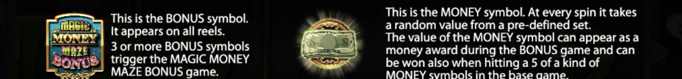 Symboles scatter et symbole Money présents sur la machine à sous Magic Money Maze du provider Reel Kingdom en collaboration avec Pragmatic Play