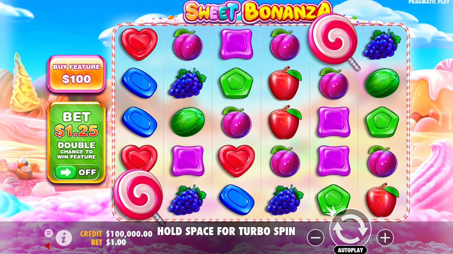 La grille de départ de Sweet Bonanza est composée de 6 colonnes avec 5 symboles