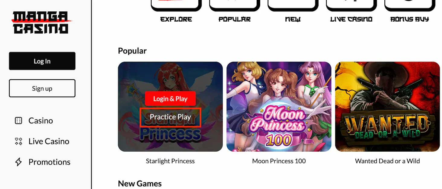 Cliquez sur Practice Play pour tester gratuitement une slot