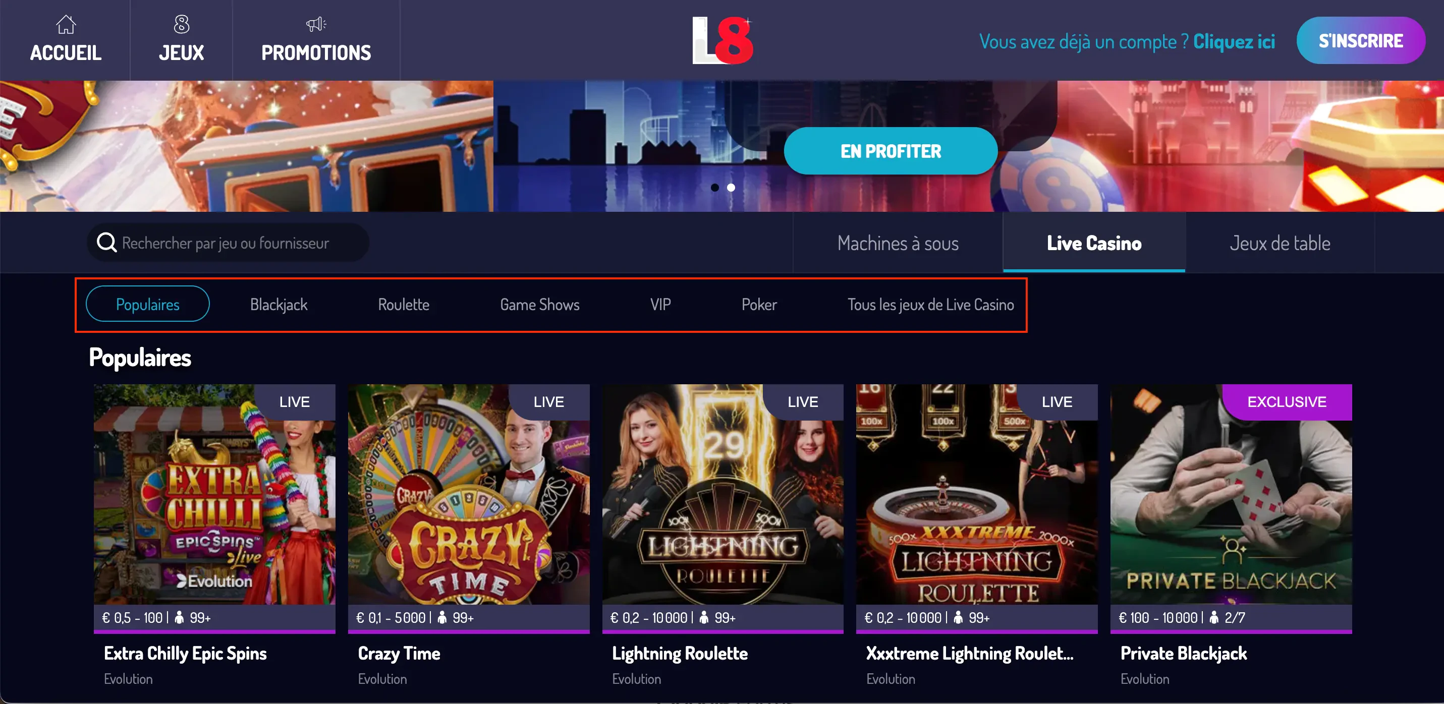 sous-catégories live casino