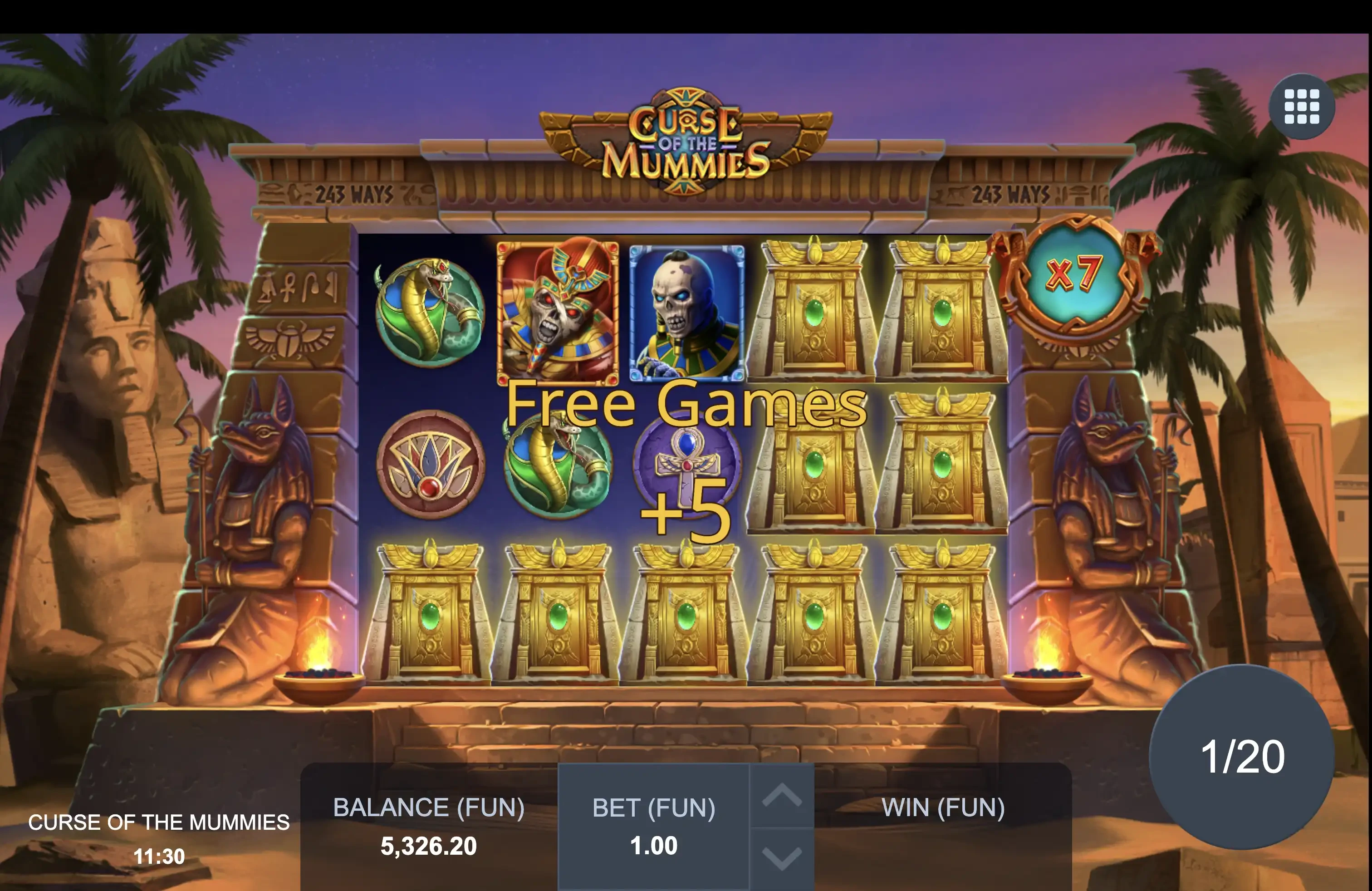 Obtention de parties gratuites supplémentaires durant le bonus sur la machine à sous Curse of the Mummies du provider Blue Guru Games en collaboration avec Relax Gaming