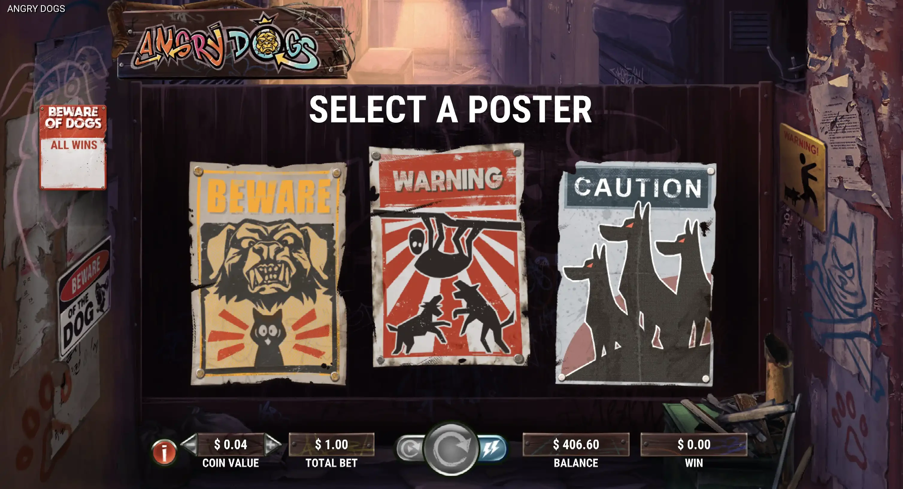 Choix d’une affiche avant le début des tours gratuits sur la machine a sous Angry Dogs de GameArt