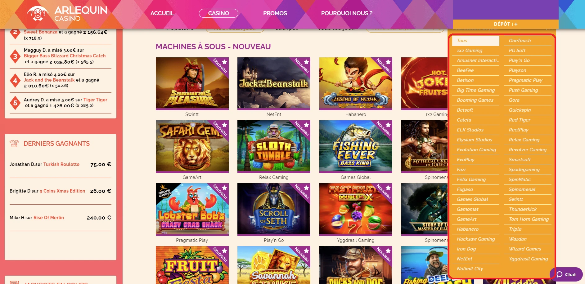 Fournisseurs de jeux disponibles sur Arlequin Casino