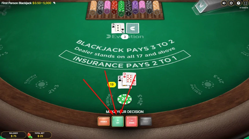 Tirer au blackjack vous permettra d'obtenir une carte supplémentaire