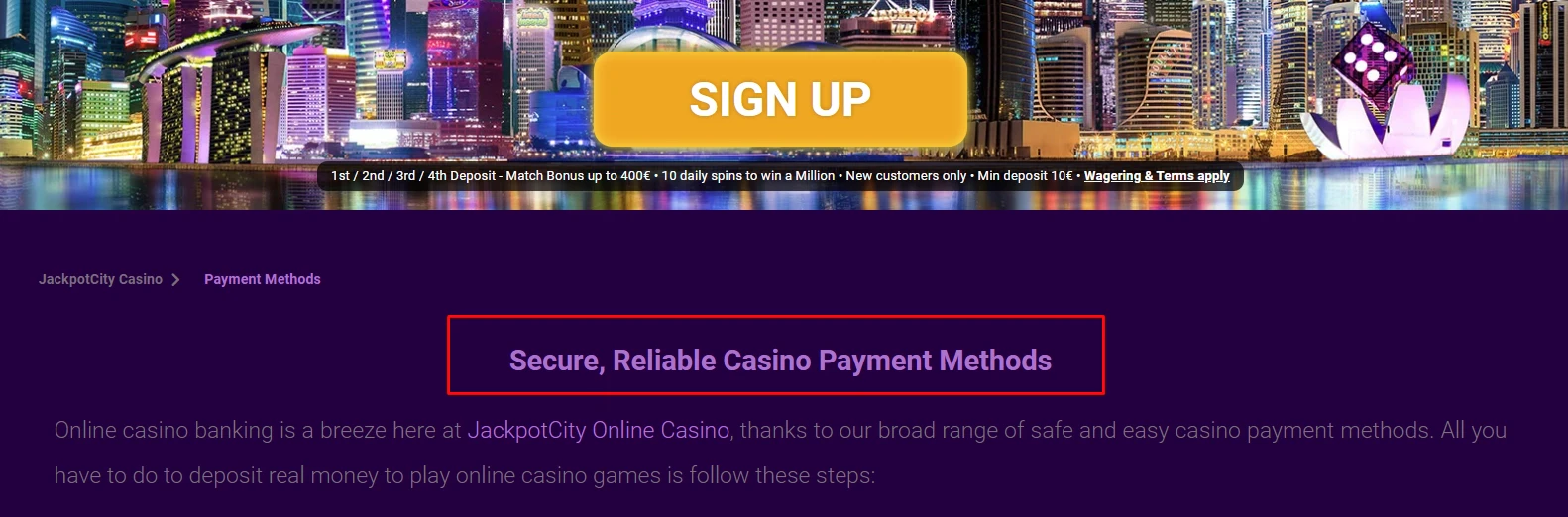 Jackpot City safe and reliable payment methods