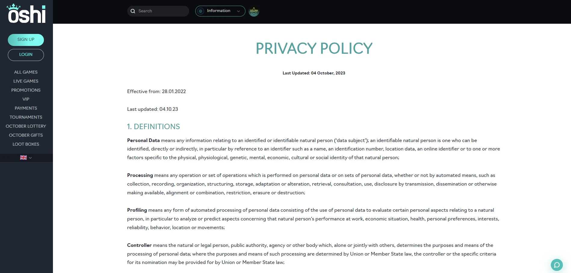 Oshi Casino Privacy Policy