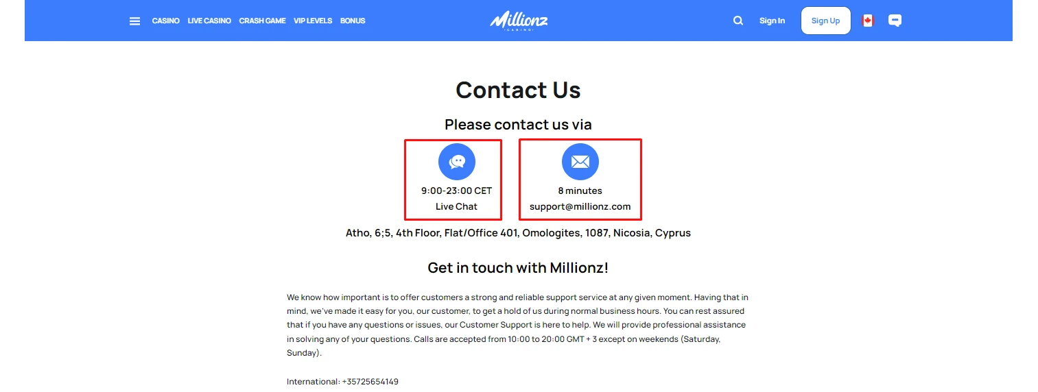 Millionz Casino Contact Us