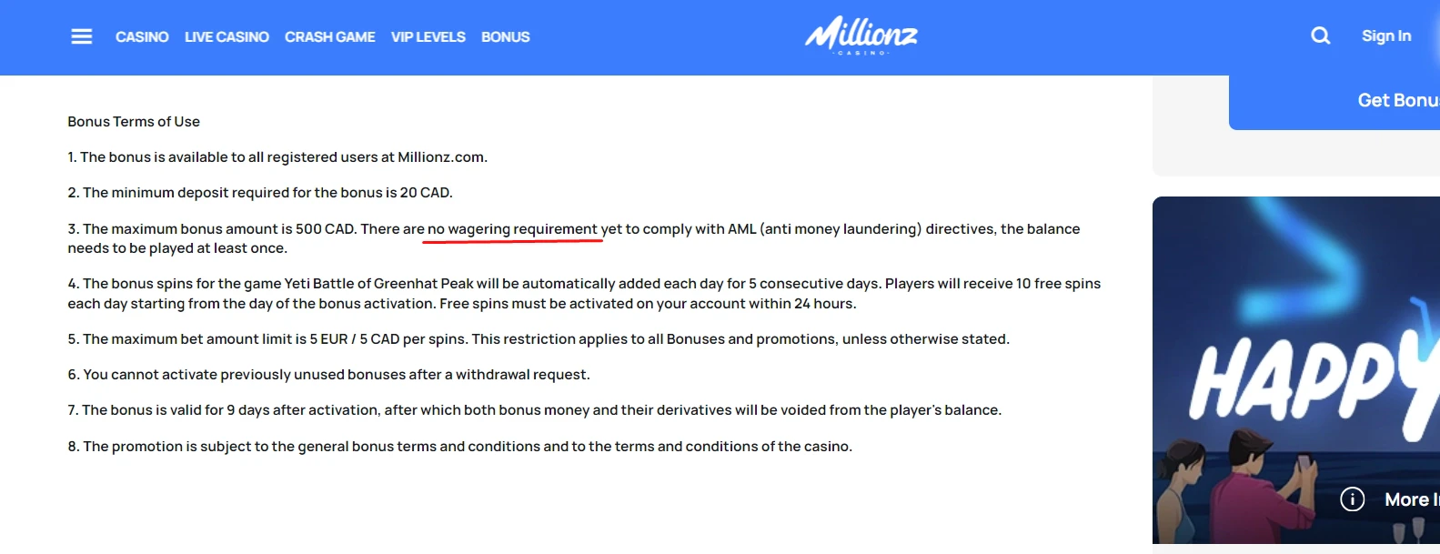 Millionz bonus terms and conditions