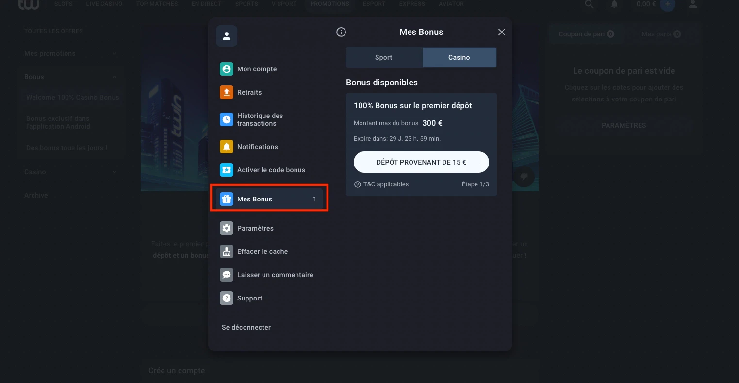 Étape 1 pour utiliser l'offre de bienvenue sur Twin