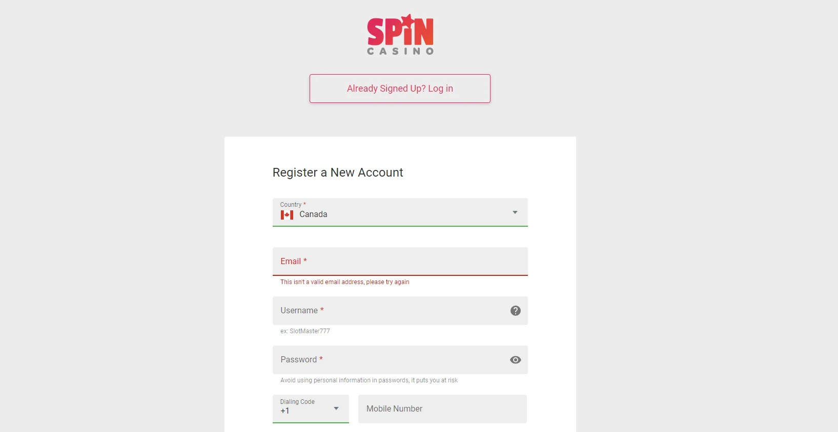 Spin Casino registration