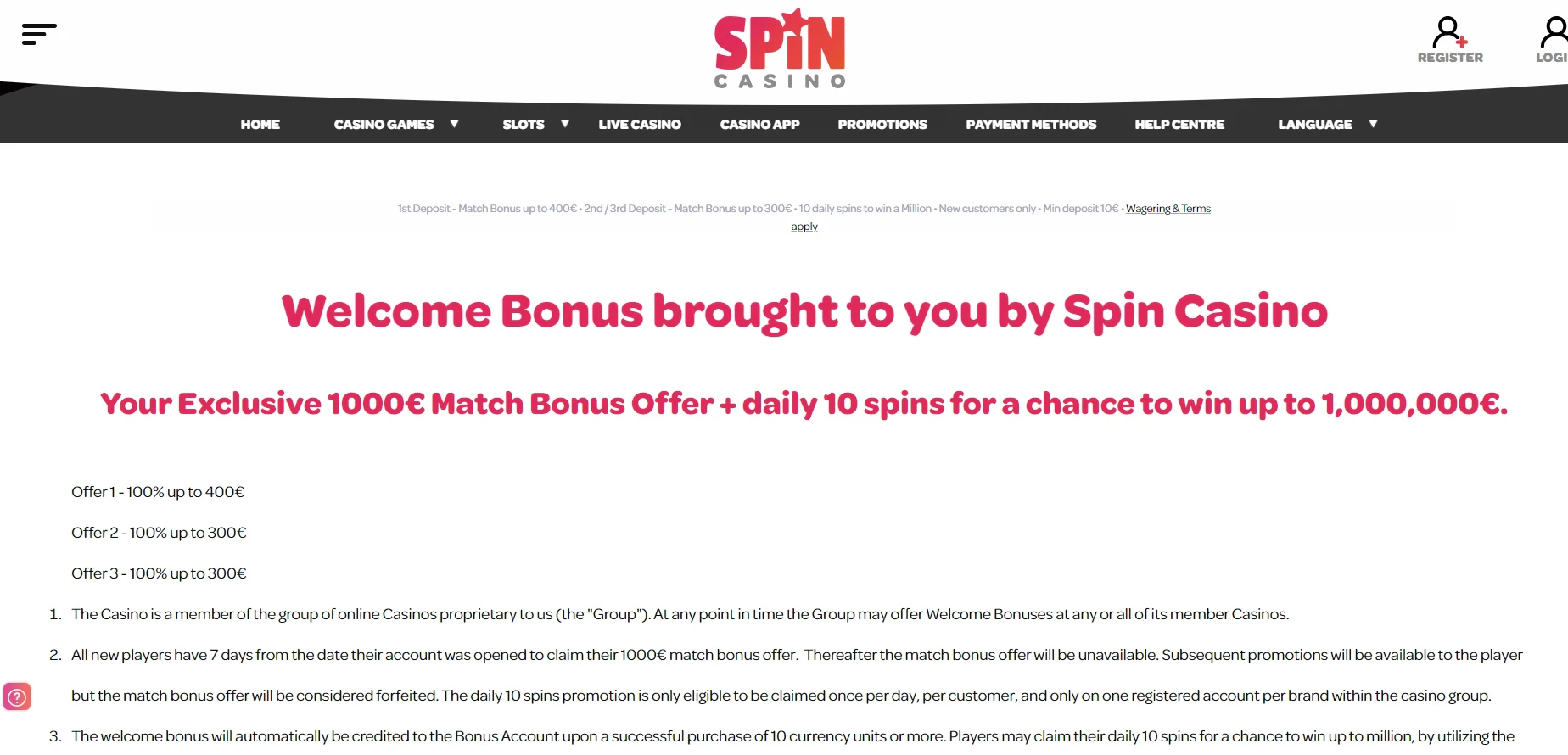 Spin Casino terms and conditions