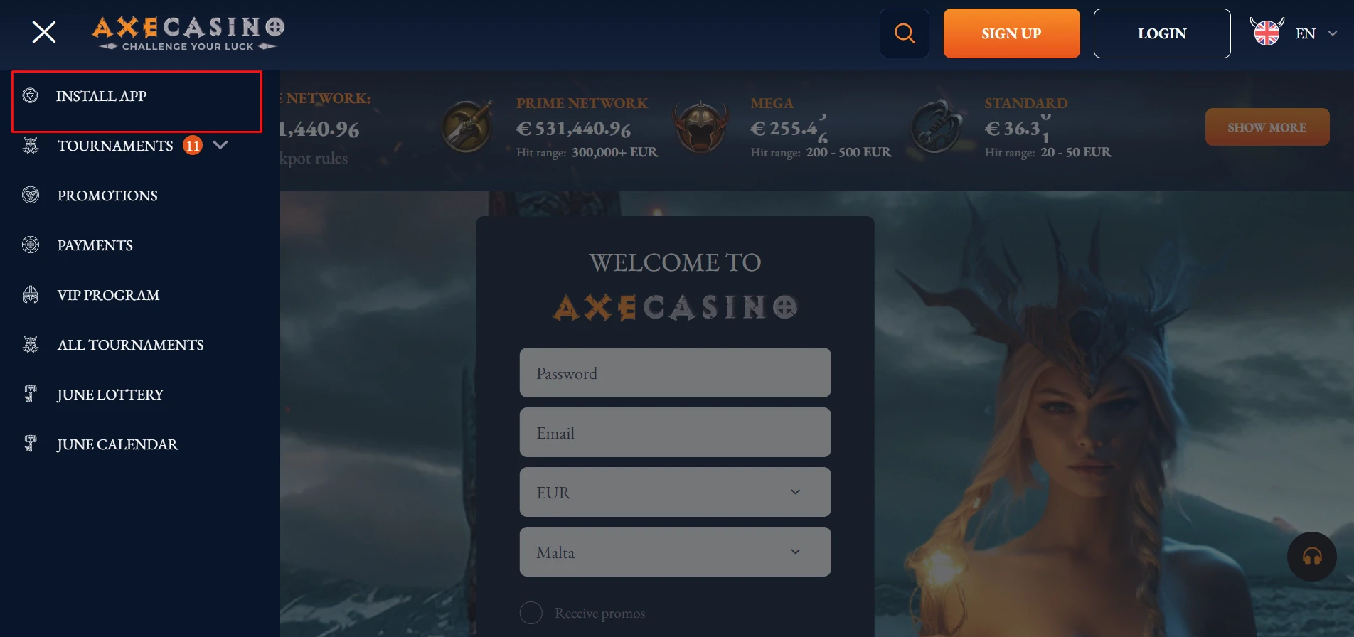 Axe Casino mobile app
