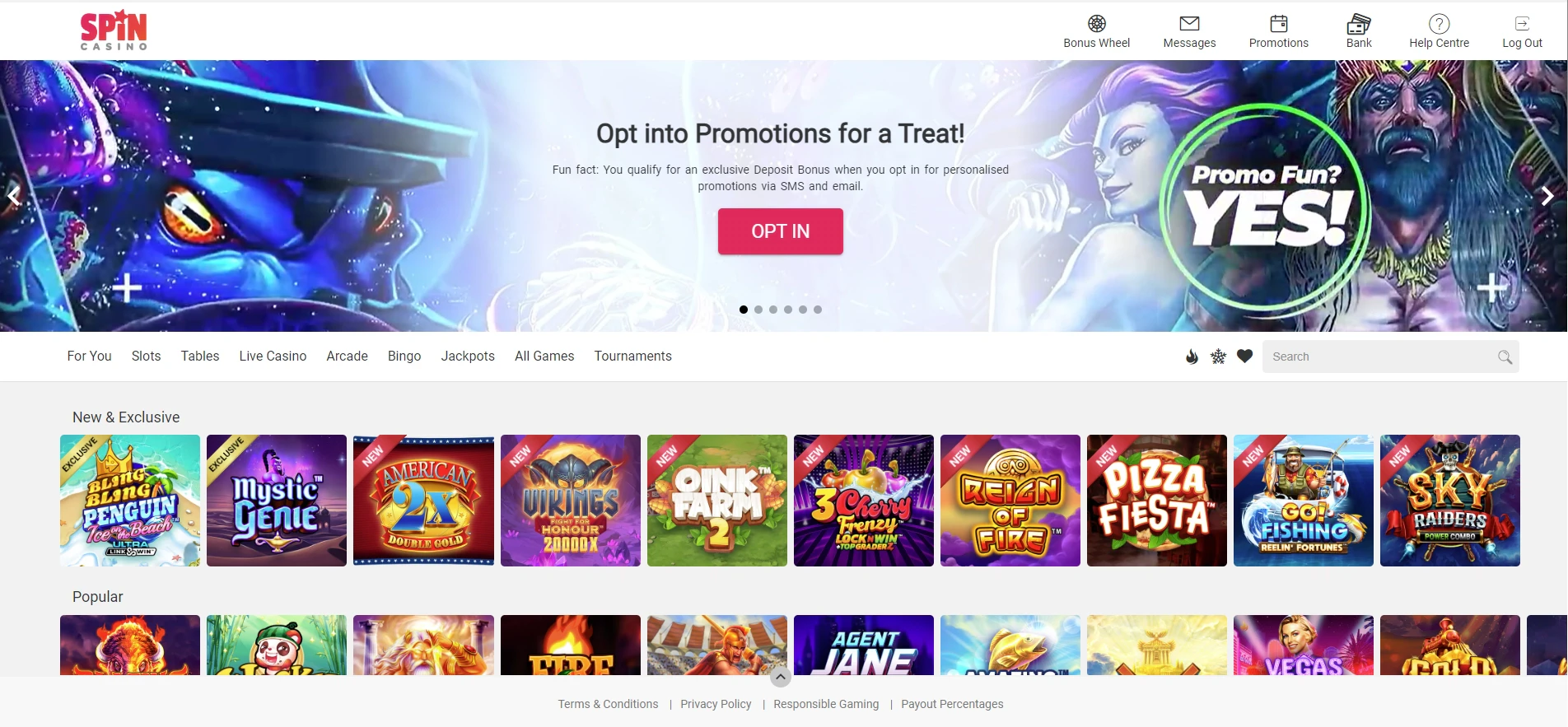 Spin Casino Home Page