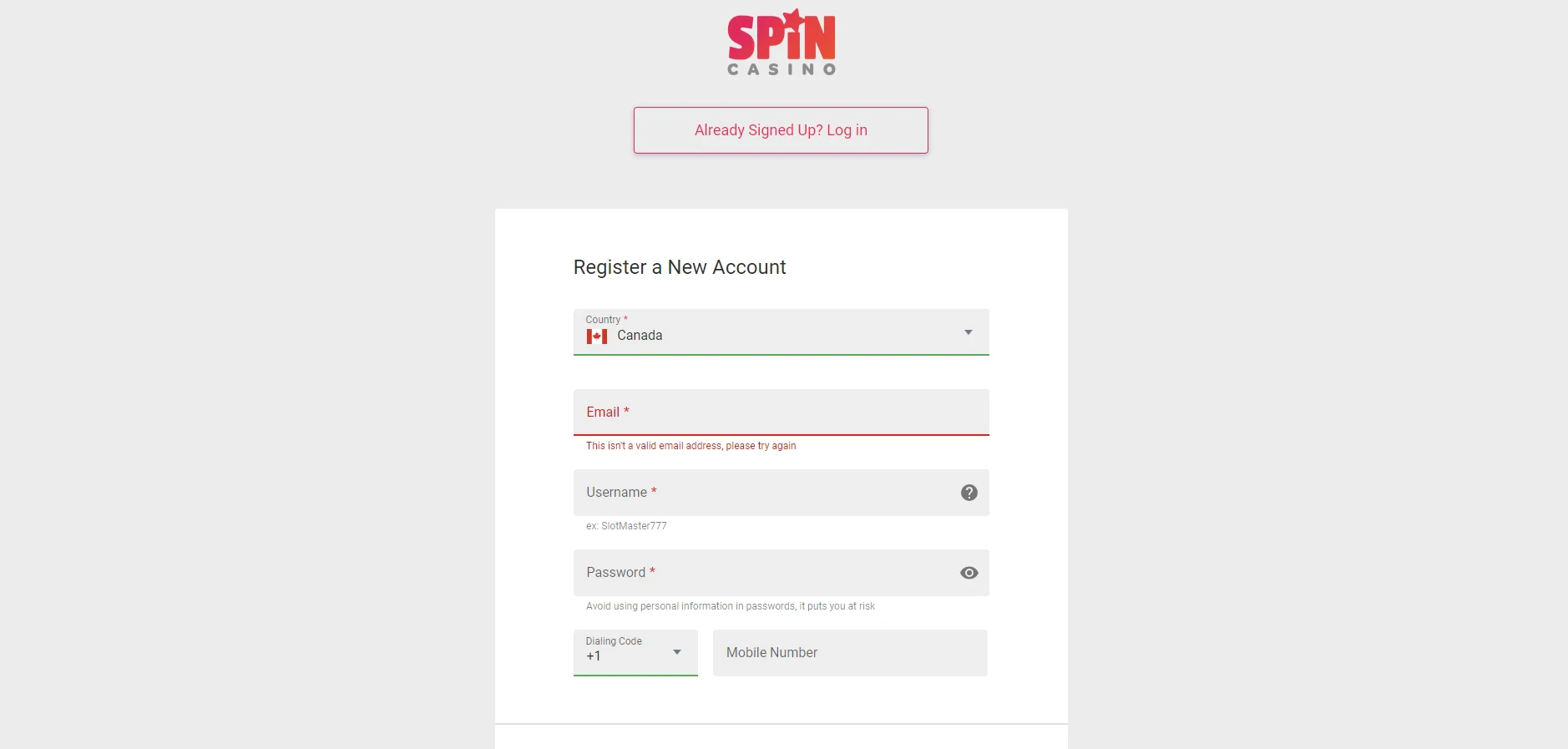 Spin Casino Registration