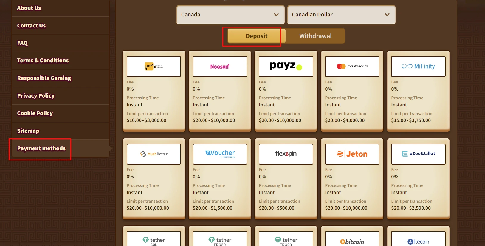 MyEmpire Casino deposit payment methods