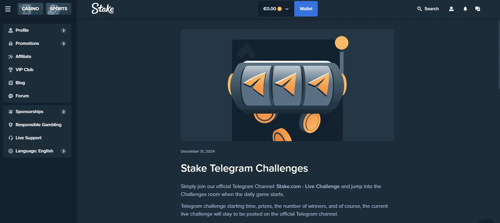 Stake Casino Telegram Challenges