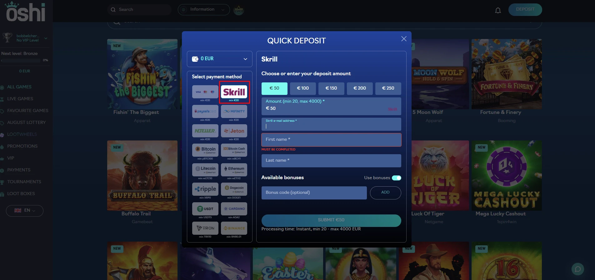 Oshi Casino Skrill Deposit