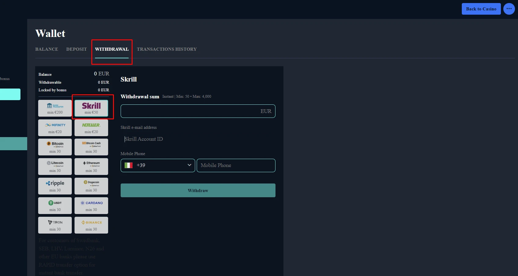 Skrill Oshi Casino Withdrawal