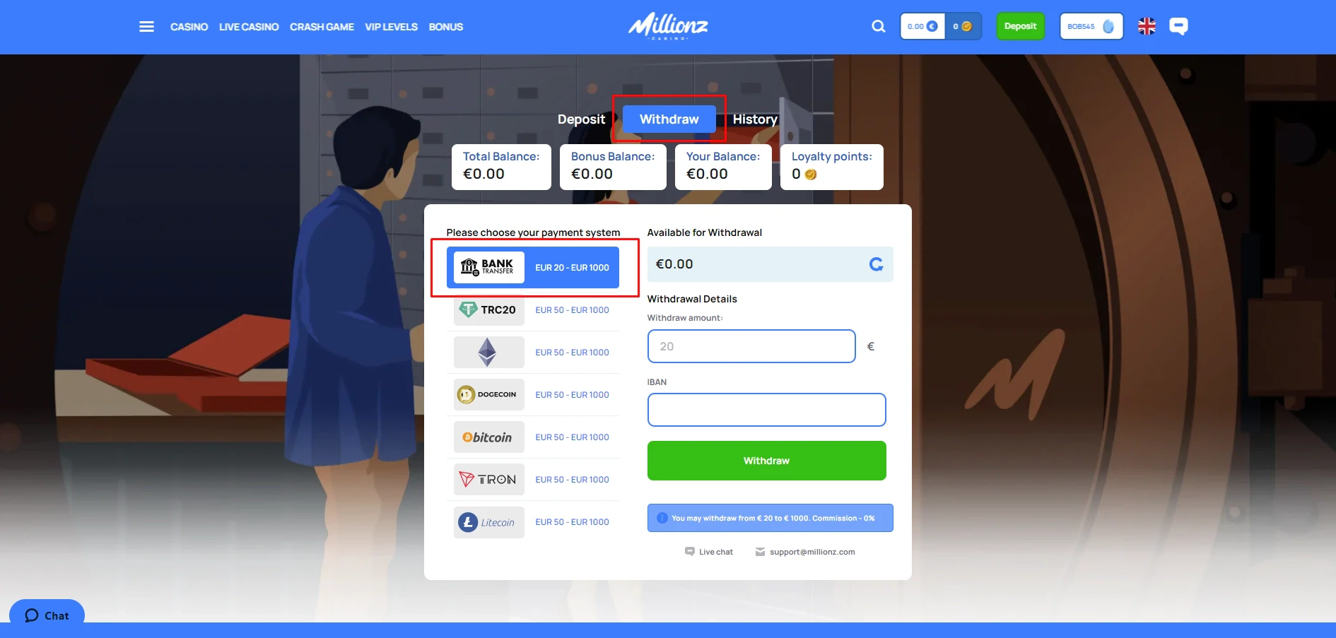 Millionz Casino Bank Transfer Withdrawal