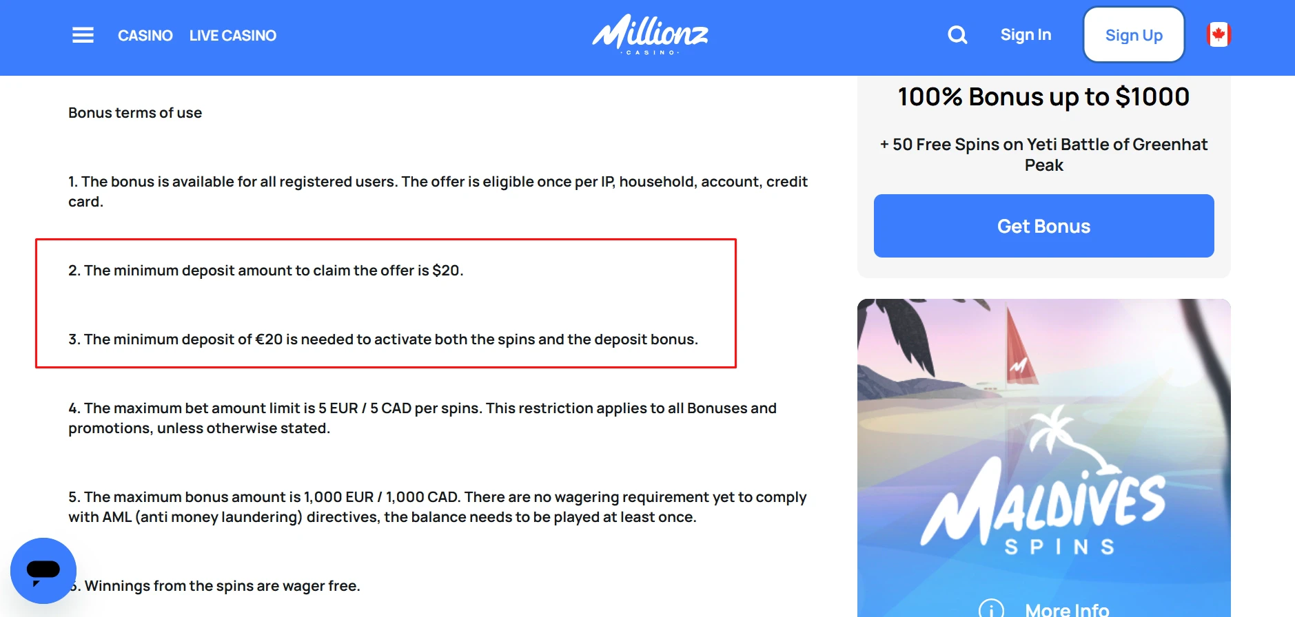 Millionz Casino Minimum Deposits