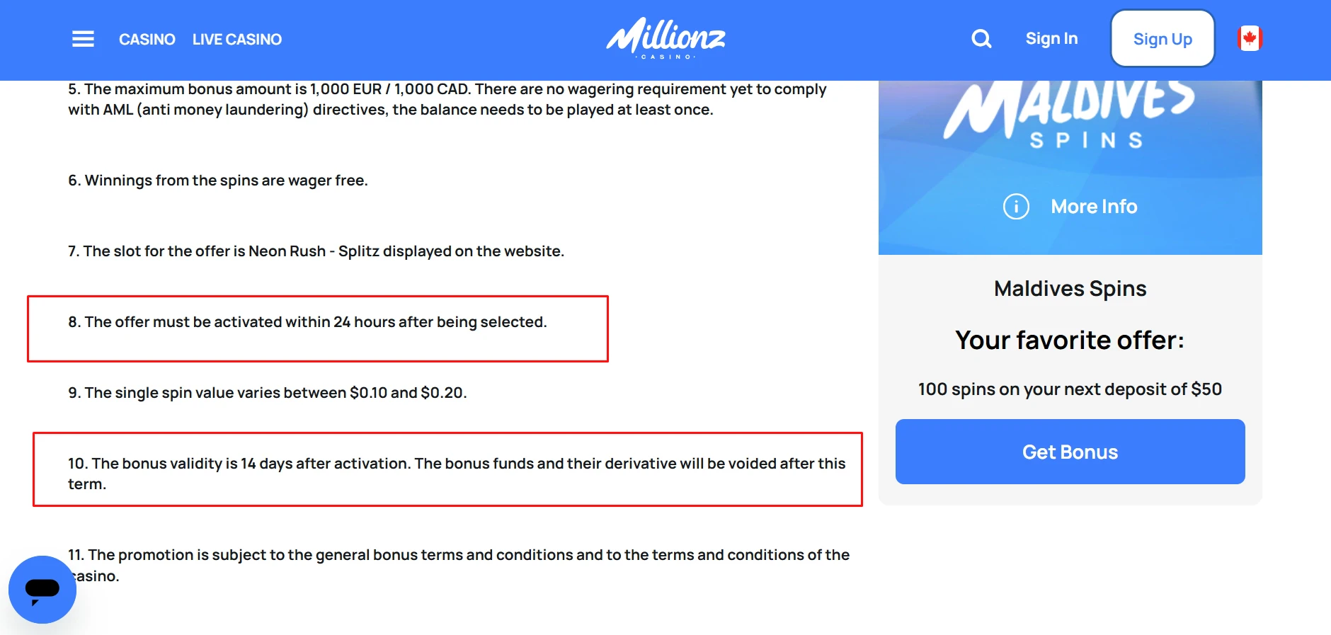 Millionz Bonus Time Limit