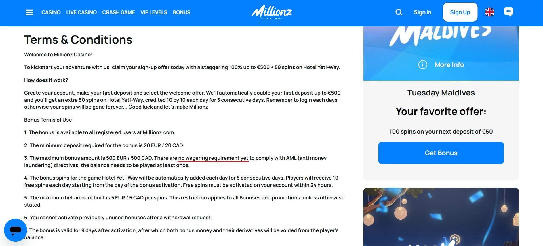 Millionz No Wager Bonuses