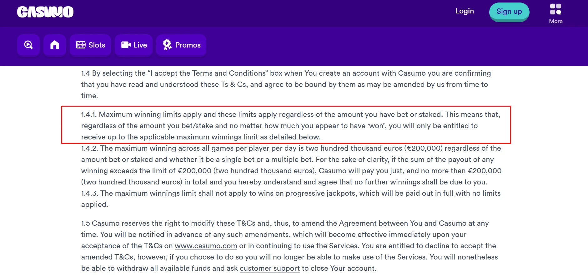 Casumo Maximum Cashout Limits