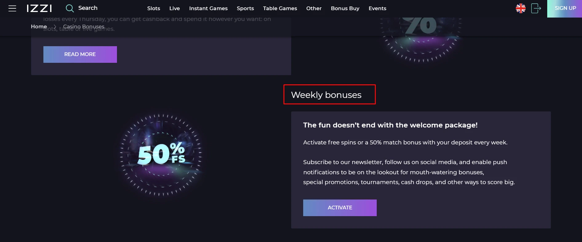 Izzi Casino Weekly Bonus