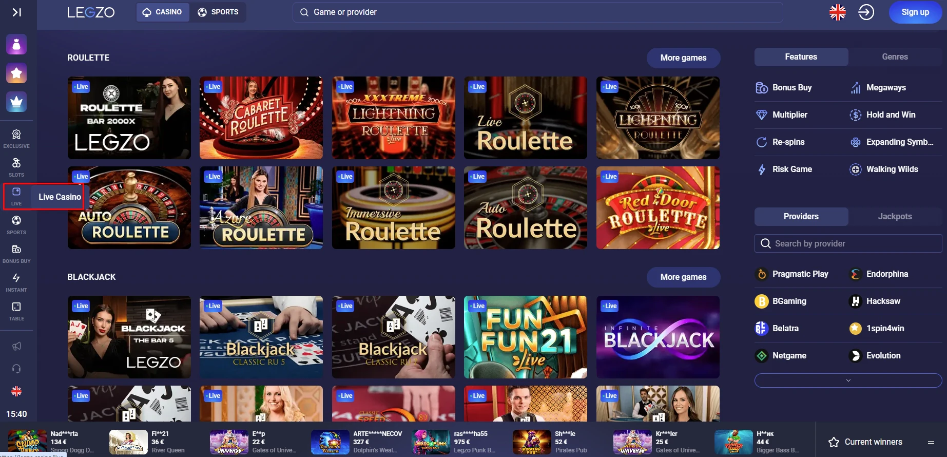 Legzo Casino Live Games