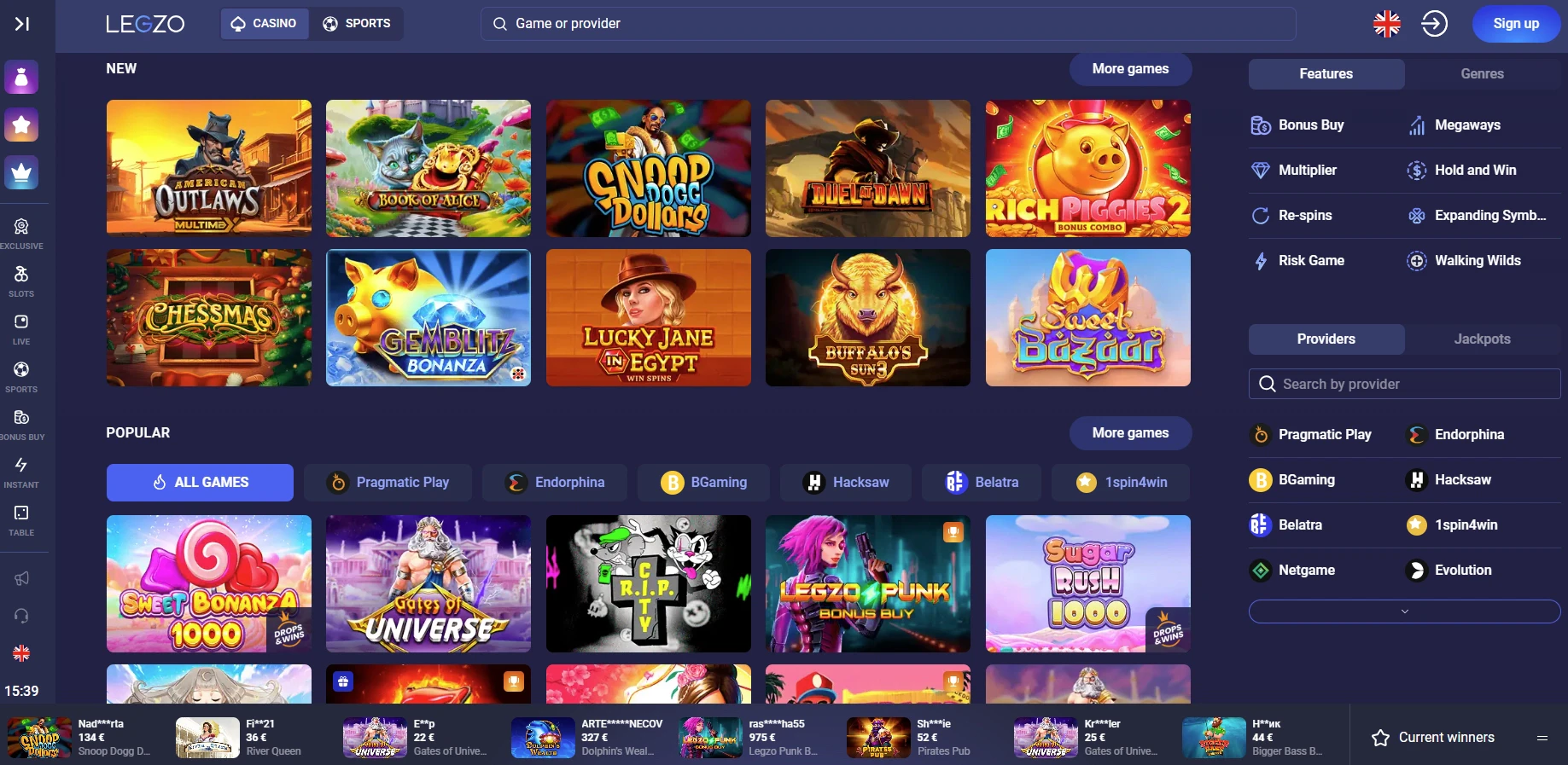 Legzo Casino Game Selection