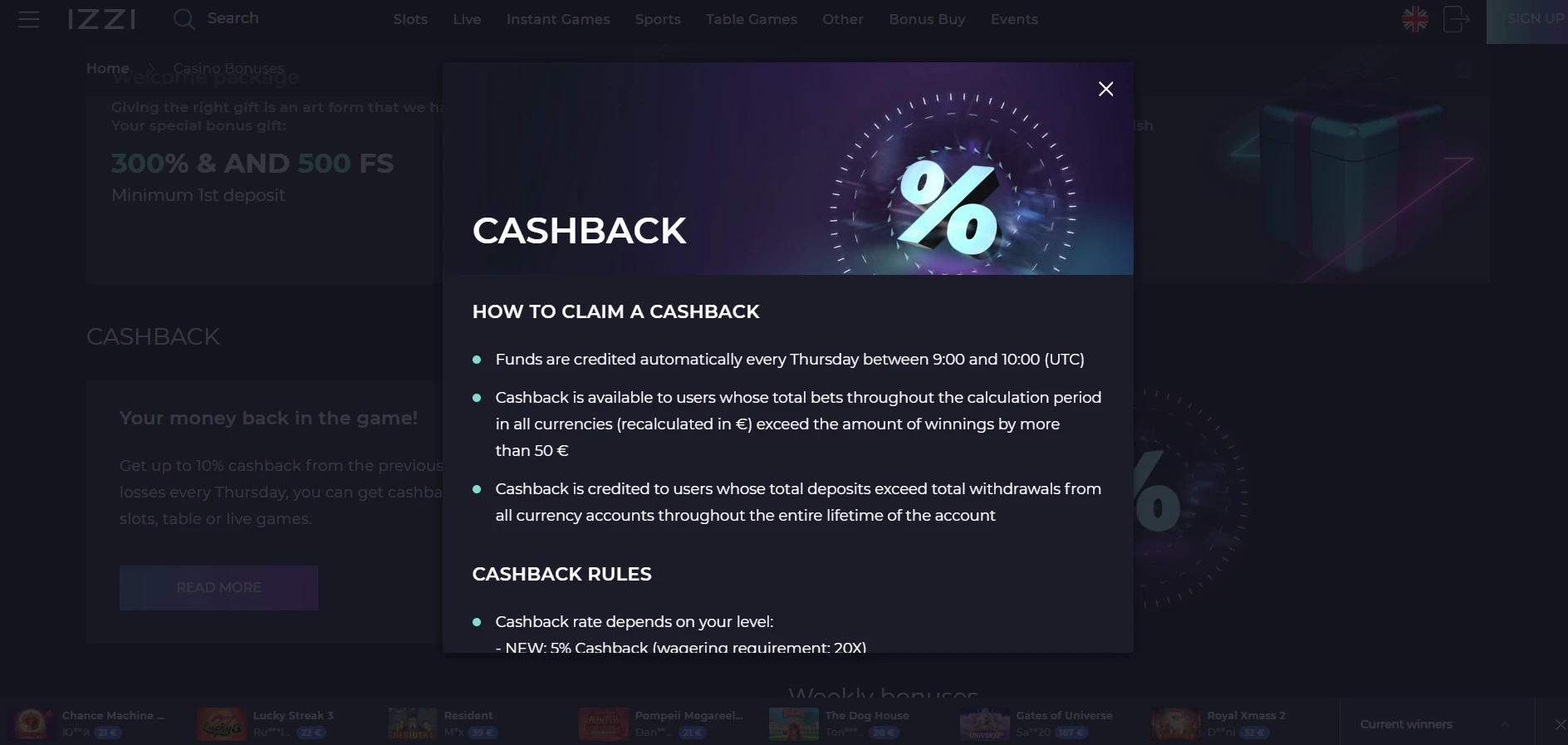 Izzi Casino Cashback