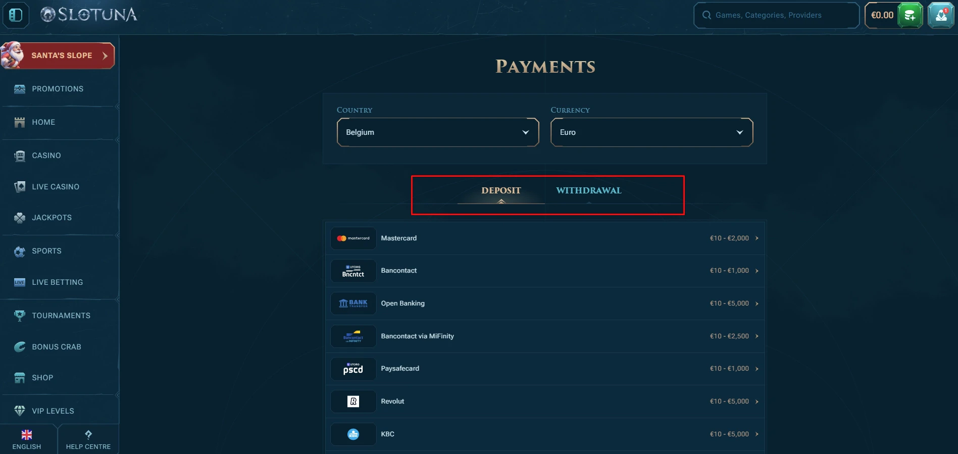 Slotuna Payment Methods