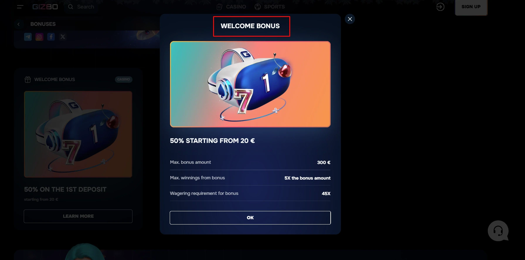 Gizbo Casino Welcome Bonus