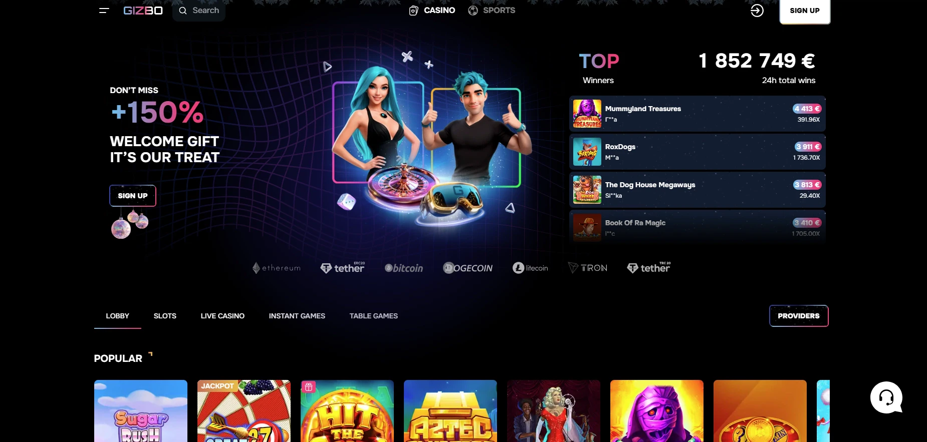 Gizbo Casino Home Page