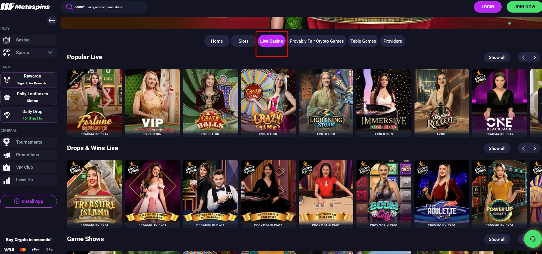 Metaspins Live Casino