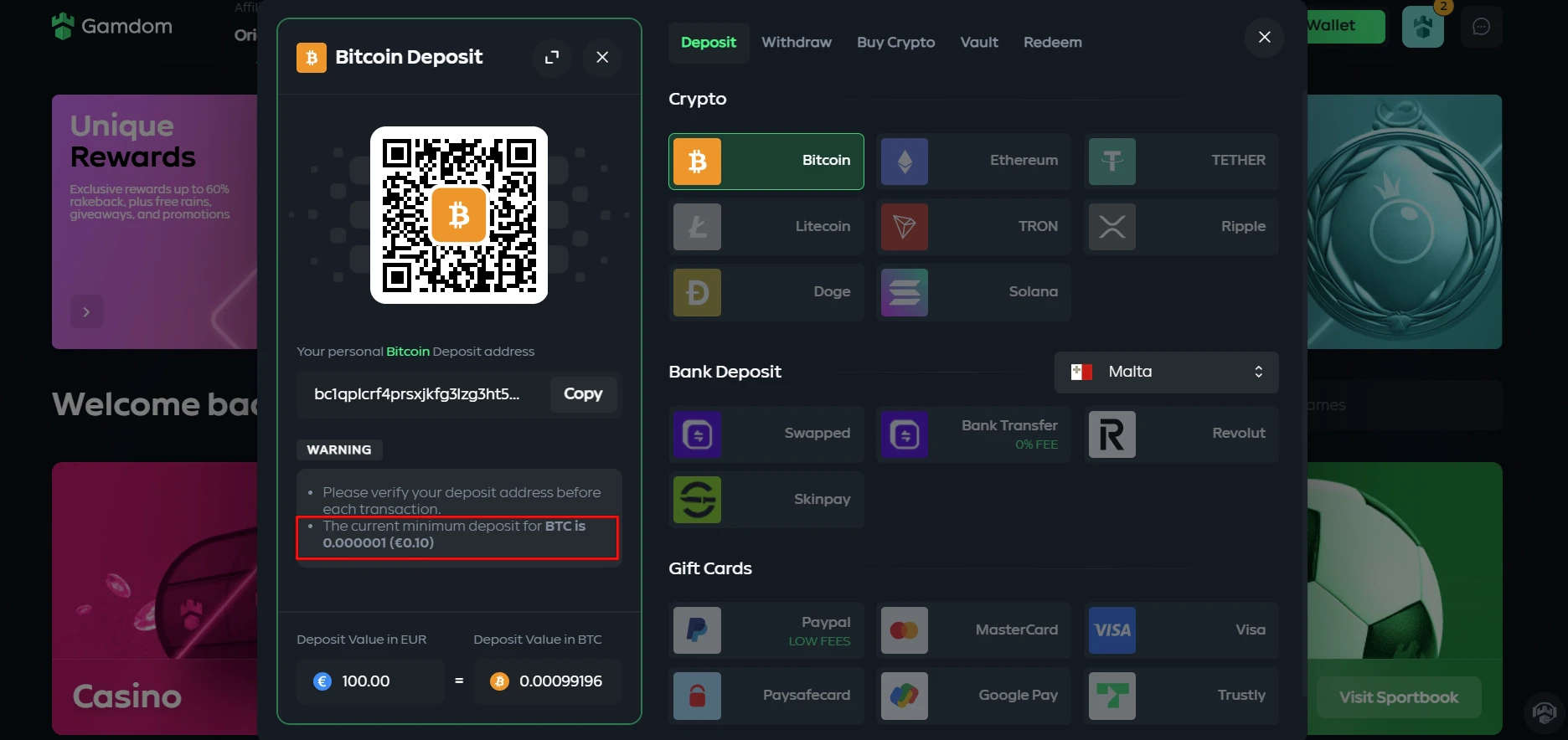 Gamdom Bitcoin Deposit