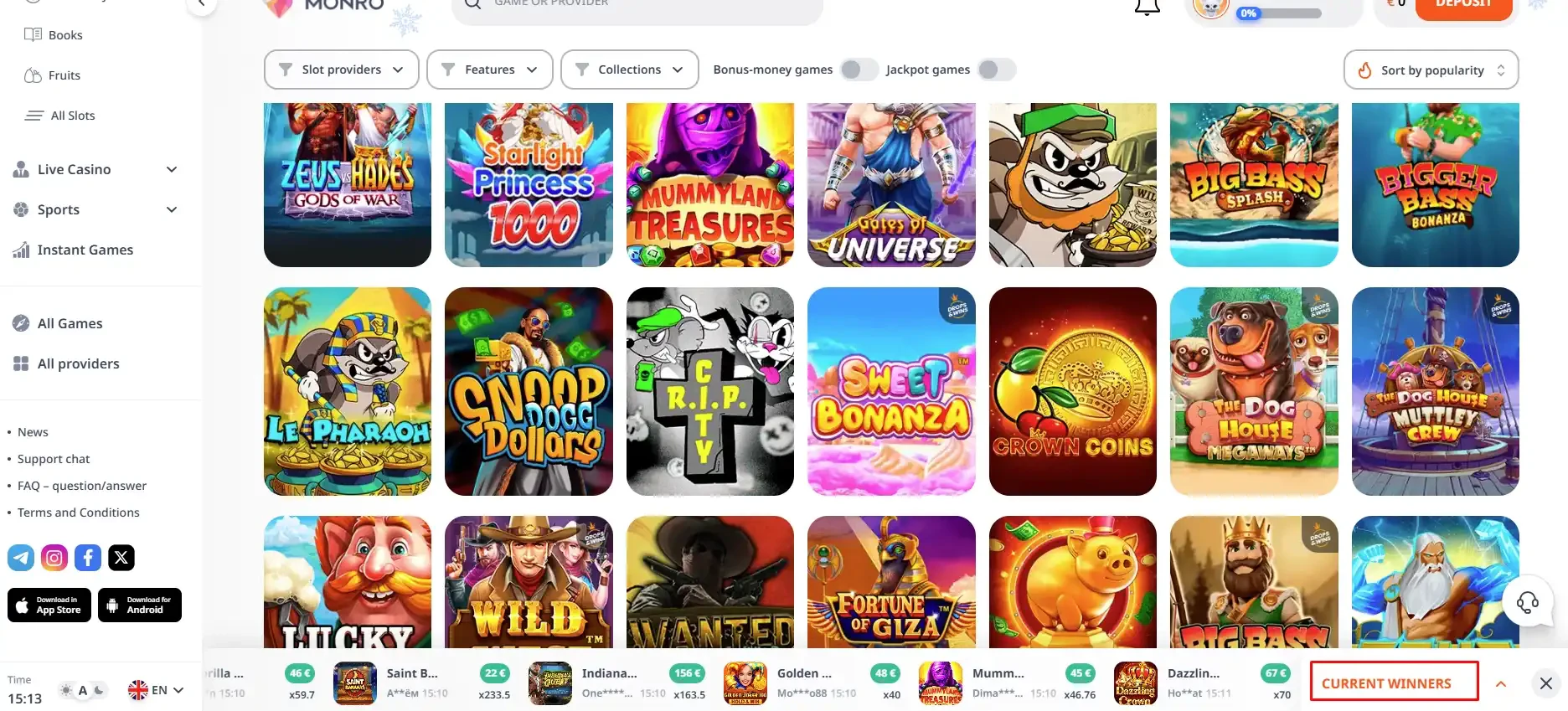 Monro Casino Game Selection