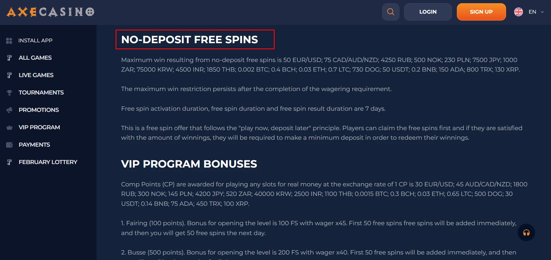 Axe Casino No Deposit Bonuses