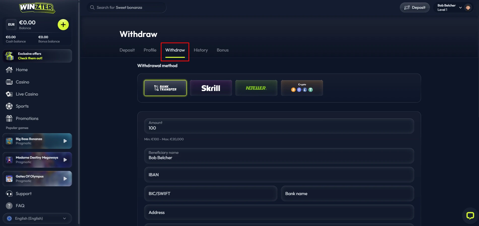 Winzter Casino Withdrawal