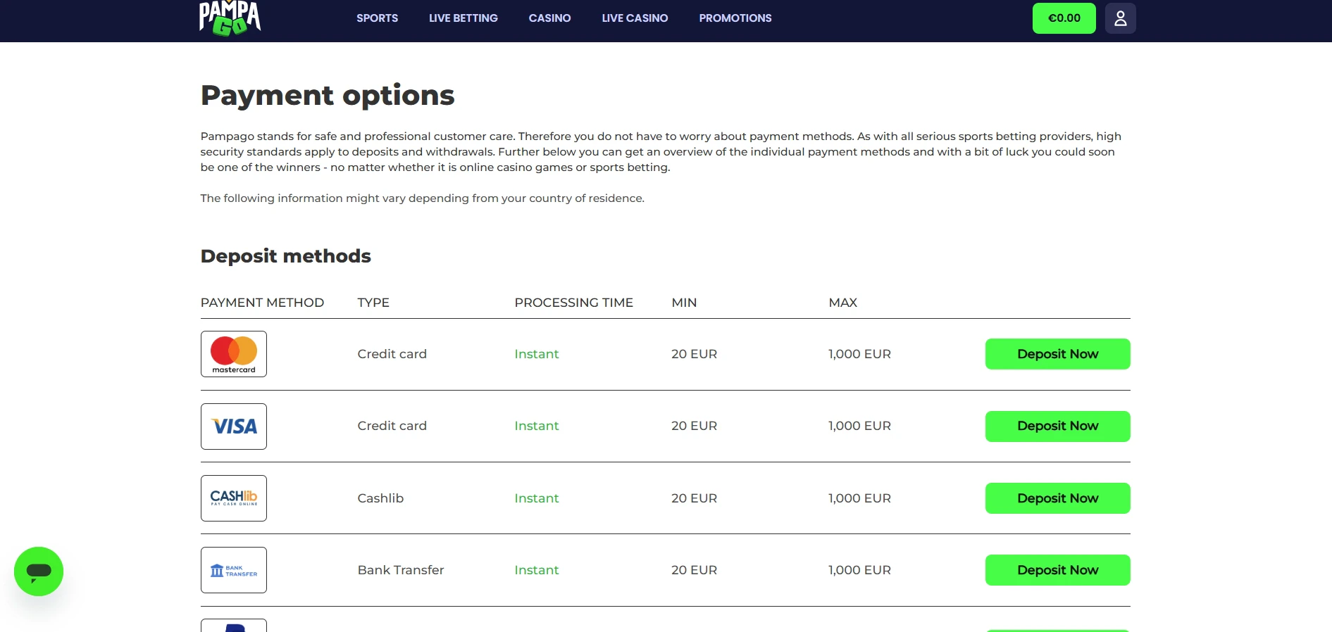PampaGo Casino Payment Methods